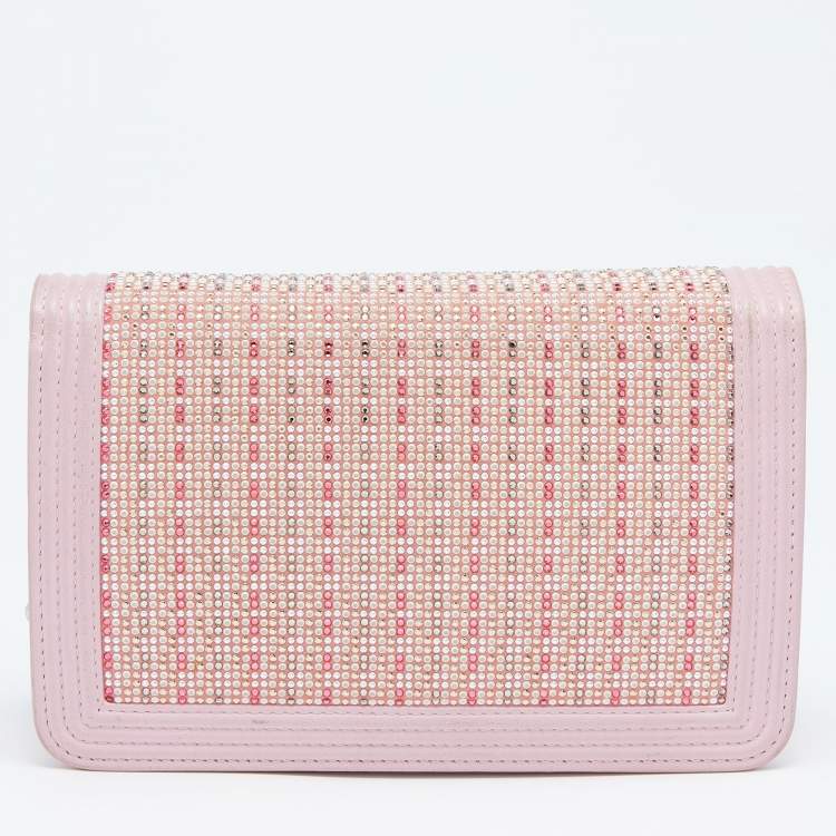 مملوكة مسبقًا Chanel Light Pink Leather Crystals Embellished Boy Wallet On Chain