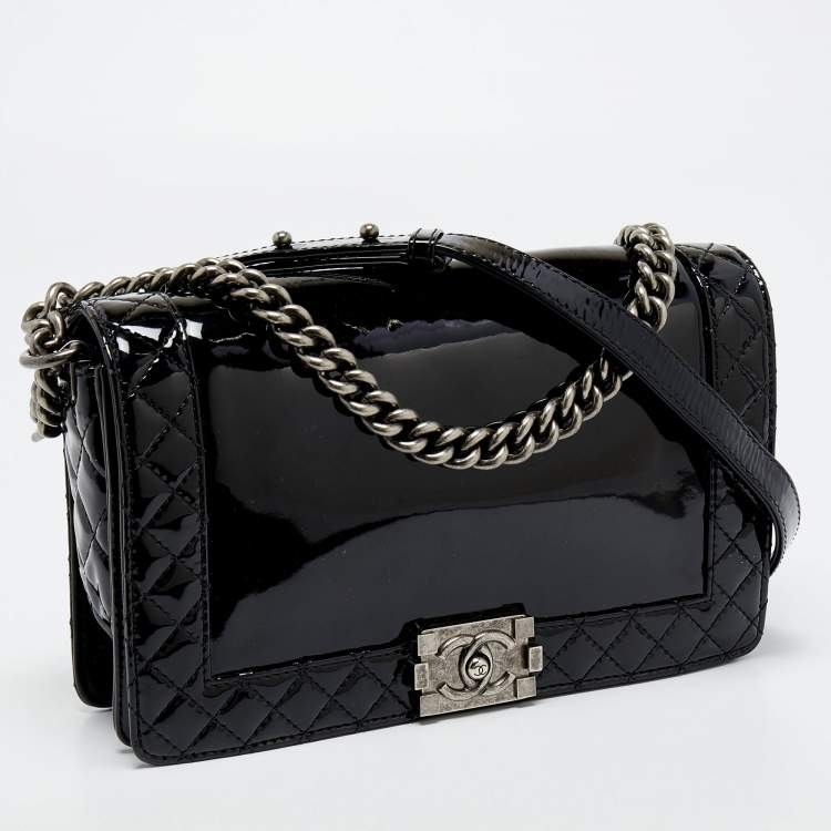 Pre Owned Chanel Black Patent Leather New Medium Reverso Boy Flap Bag