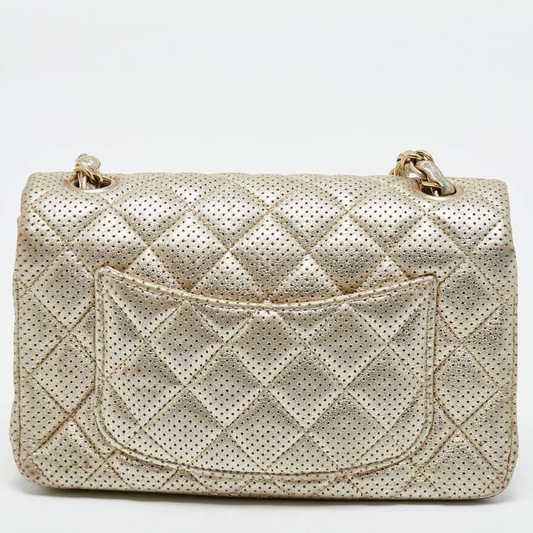 Pre Owned Chanel Gold Perforated Leather CC Square Flap Bag