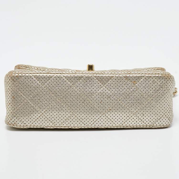 Pre Owned Chanel Gold Perforated Leather CC Square Flap Bag