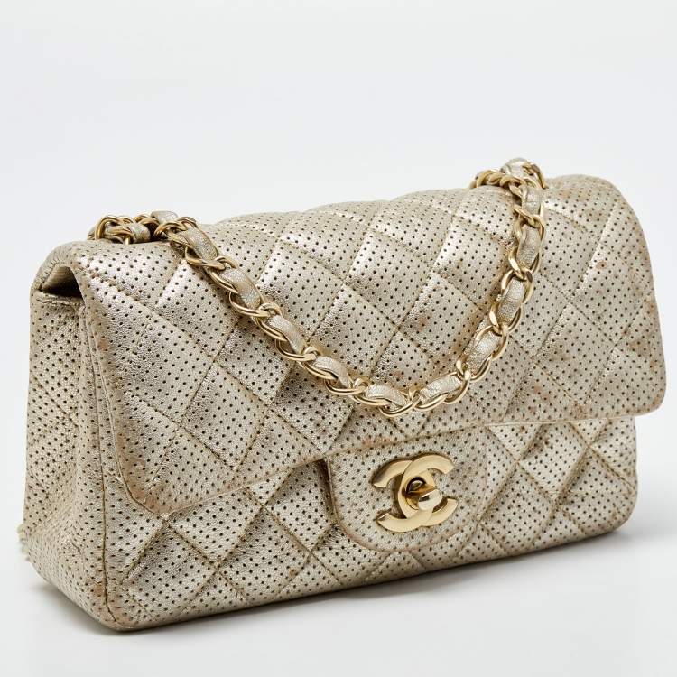 Pre Owned Chanel Gold Perforated Leather CC Square Flap Bag