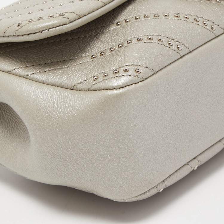 Pre Owned Chanel Metallic Grey Chevron Leather Studded Small Classic Flap Bag