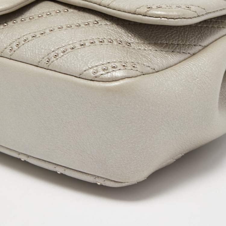 Pre Owned Chanel Metallic Grey Chevron Leather Studded Small Classic Flap Bag