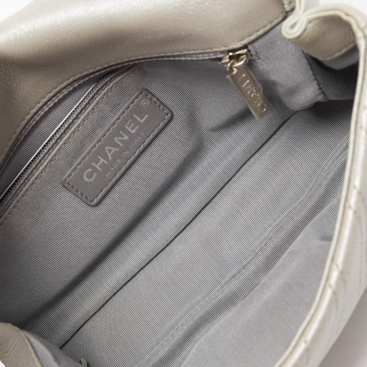 Pre Owned Chanel Metallic Grey Chevron Leather Studded Small Classic Flap Bag