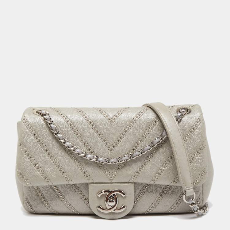 Chanel Metallic Grey Chevron Leather Studded Small Classic Flap Bag Chanel  | The Luxury Closet