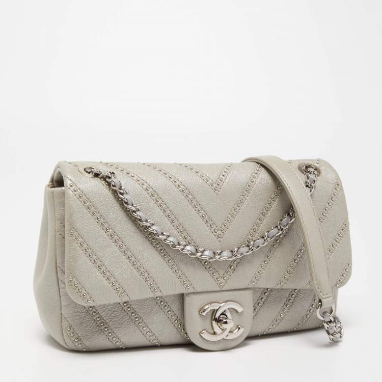 Pre Owned Chanel Metallic Grey Chevron Leather Studded Small Classic Flap Bag