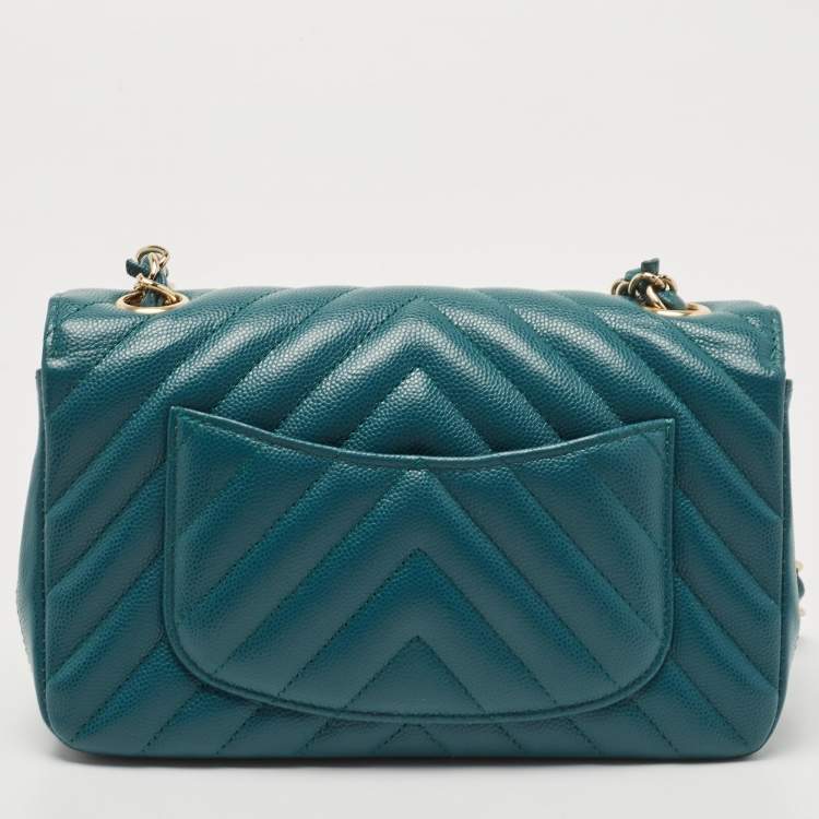 Pre Owned Chanel Teal Green Chevron Leather Mini Rectangle Classic Single Flap Bag