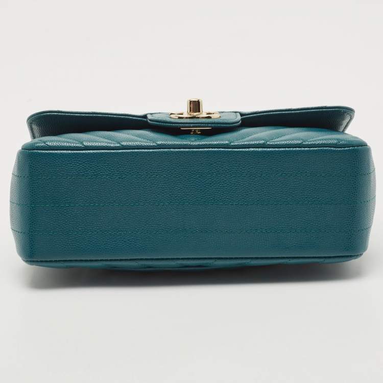 Pre Owned Chanel Teal Green Chevron Leather Mini Rectangle Classic Single Flap Bag