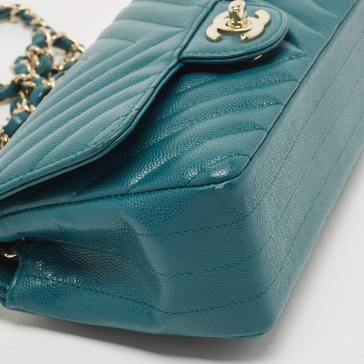 Pre Owned Chanel Teal Green Chevron Leather Mini Rectangle Classic Single Flap Bag