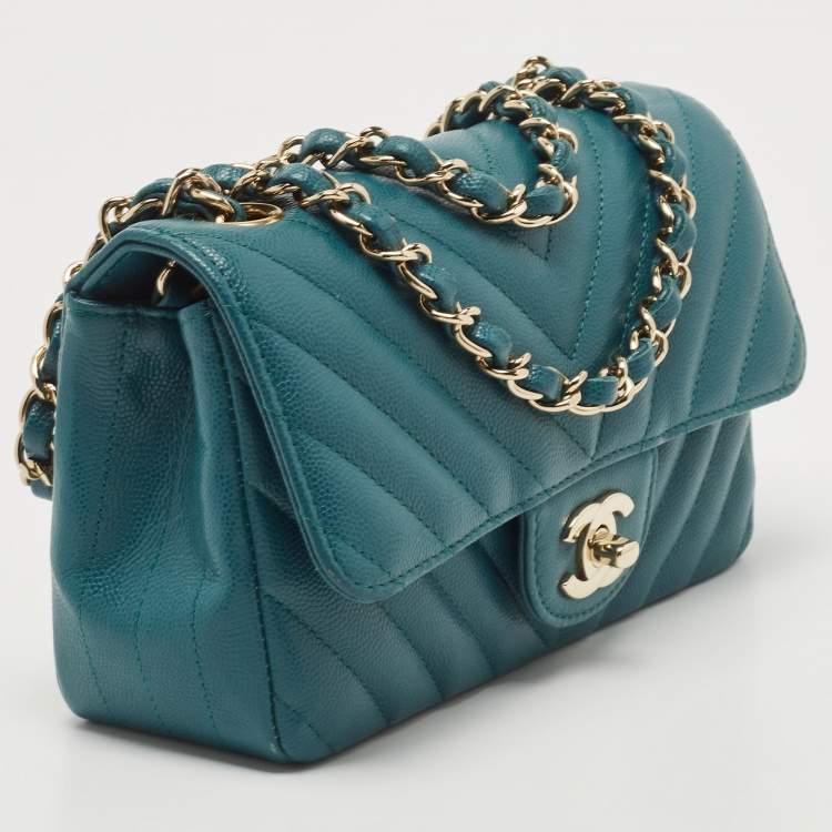 Pre Owned Chanel Teal Green Chevron Leather Mini Rectangle Classic Single Flap Bag