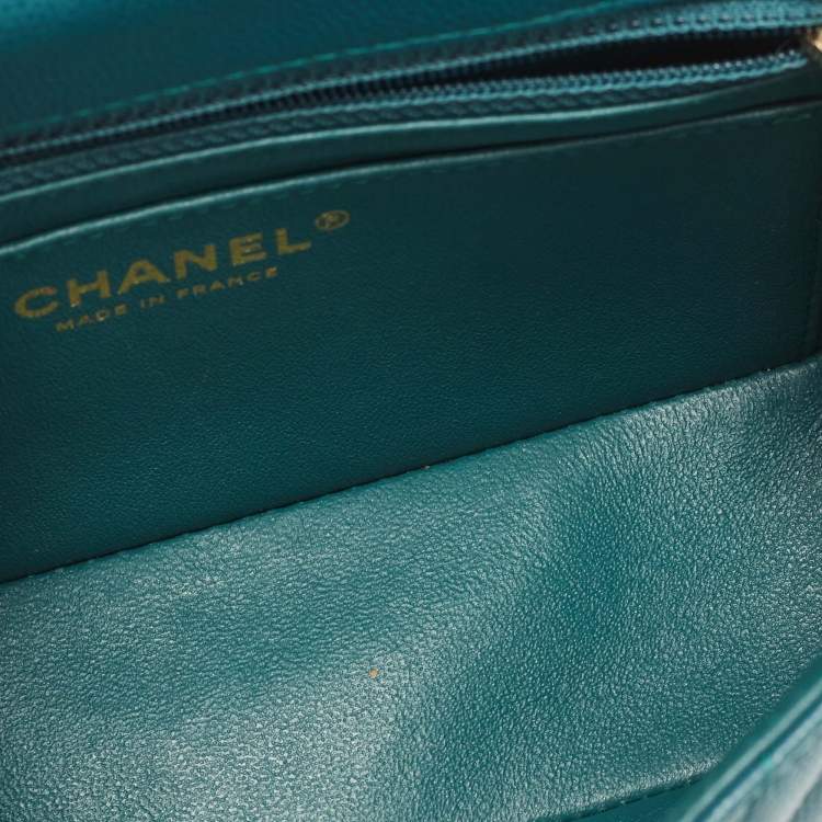 Pre Owned Chanel Teal Green Chevron Leather Mini Rectangle Classic Single Flap Bag