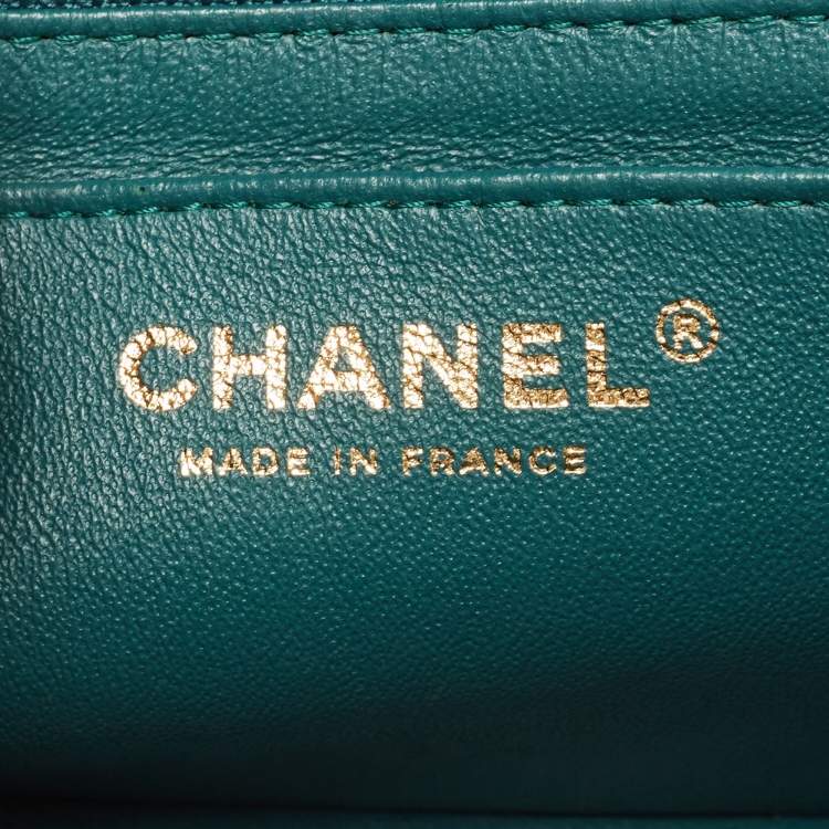 Pre Owned Chanel Teal Green Chevron Leather Mini Rectangle Classic Single Flap Bag