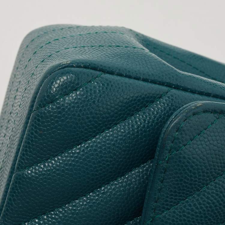 Pre Owned Chanel Teal Green Chevron Leather Mini Rectangle Classic Single Flap Bag