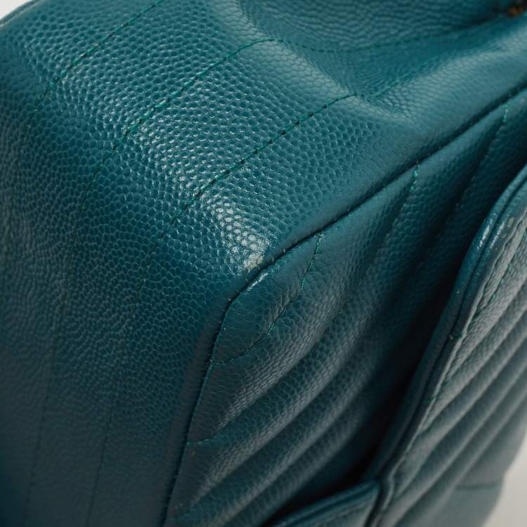 Pre Owned Chanel Teal Green Chevron Leather Mini Rectangle Classic Single Flap Bag