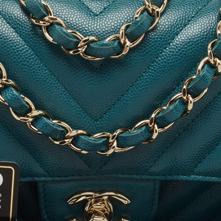 Pre Owned Chanel Teal Green Chevron Leather Mini Rectangle Classic Single Flap Bag