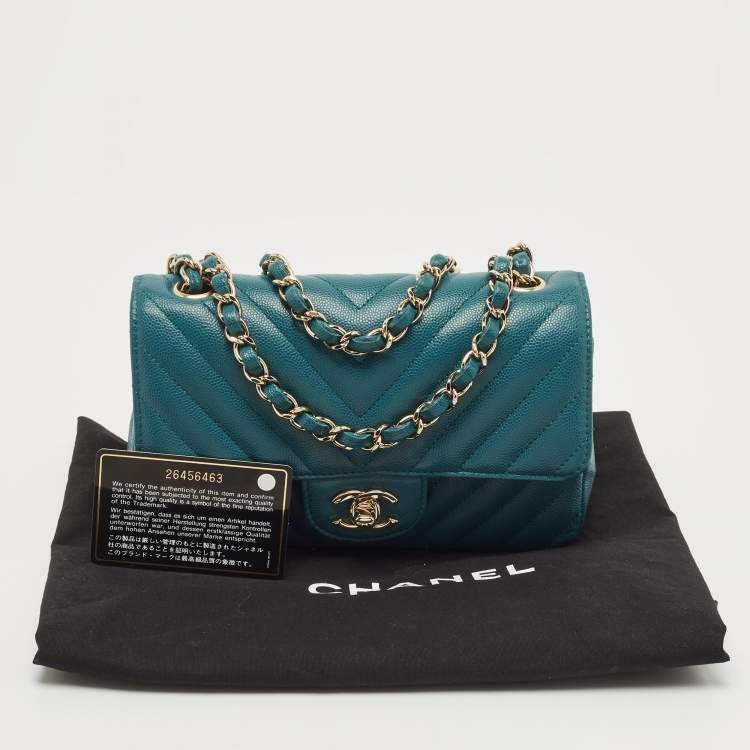 Pre Owned Chanel Teal Green Chevron Leather Mini Rectangle Classic Single Flap Bag