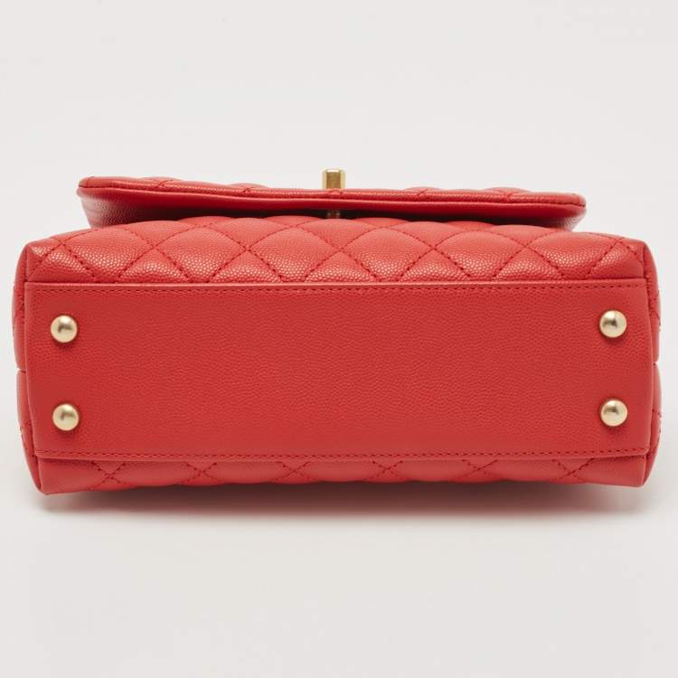 Pre Owned Chanel Red Quilted Caviar Leather Mini Coco Top Handle Bag