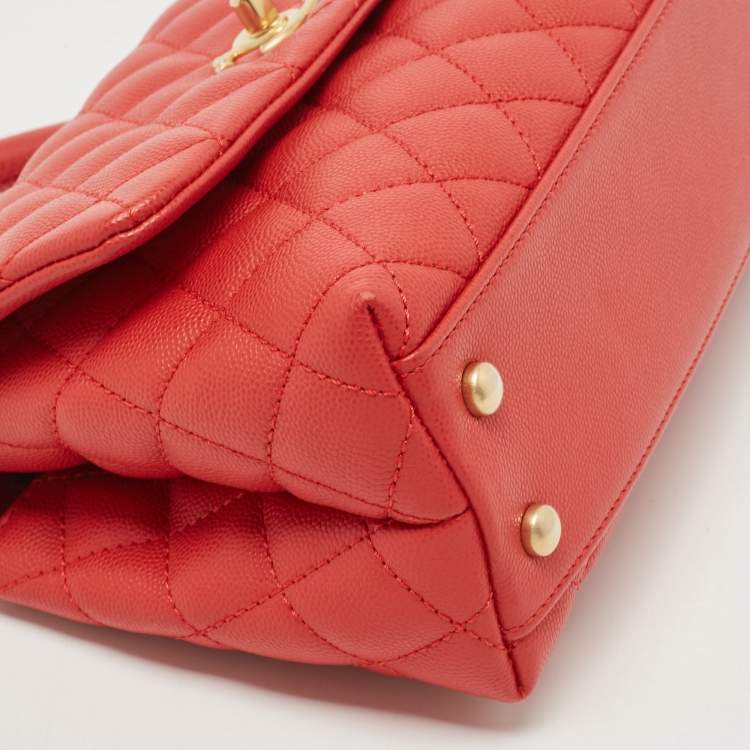 Pre Owned Chanel Red Quilted Caviar Leather Mini Coco Top Handle Bag