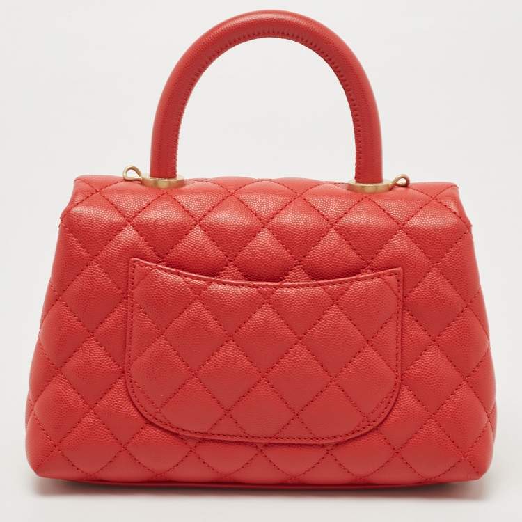 Pre Owned Chanel Red Quilted Caviar Leather Mini Coco Top Handle Bag