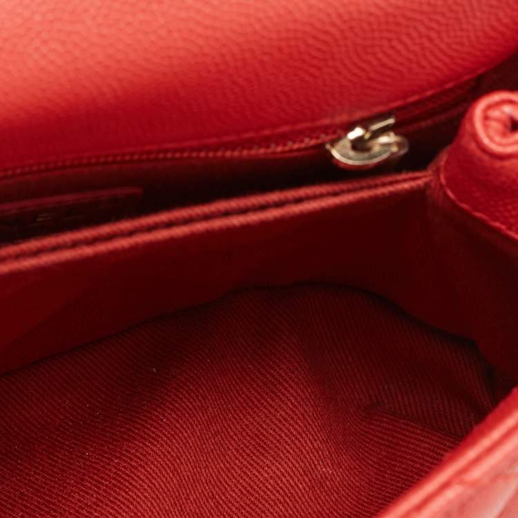 Pre Owned Chanel Red Quilted Caviar Leather Mini Coco Top Handle Bag
