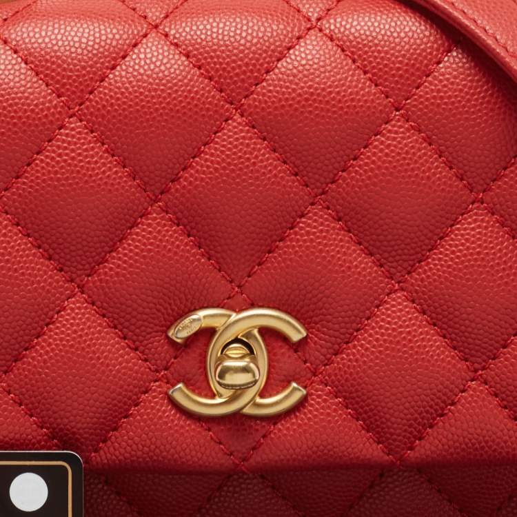 Pre Owned Chanel Red Quilted Caviar Leather Mini Coco Top Handle Bag