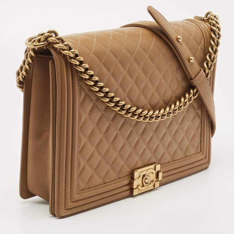 Pre Owned Chanel Beige Quilted Leather Large Boy Flap Bag