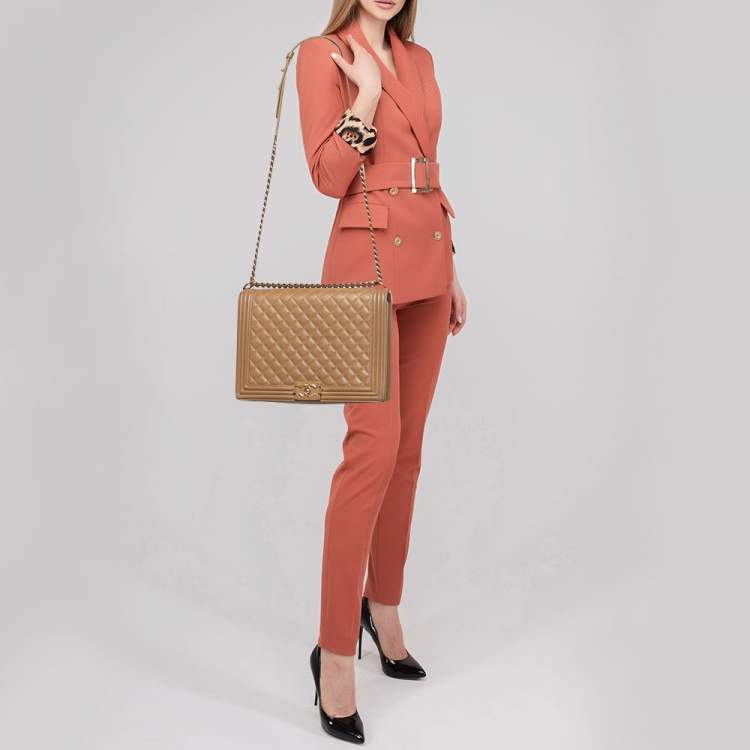 Pre Owned Chanel Beige Quilted Leather Large Boy Flap Bag