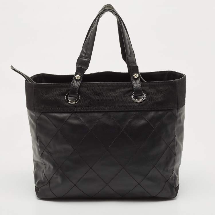 Pre Owned Chanel Black Quilted Coated and Canvas Paris Biarritz Grand Shopper Tote