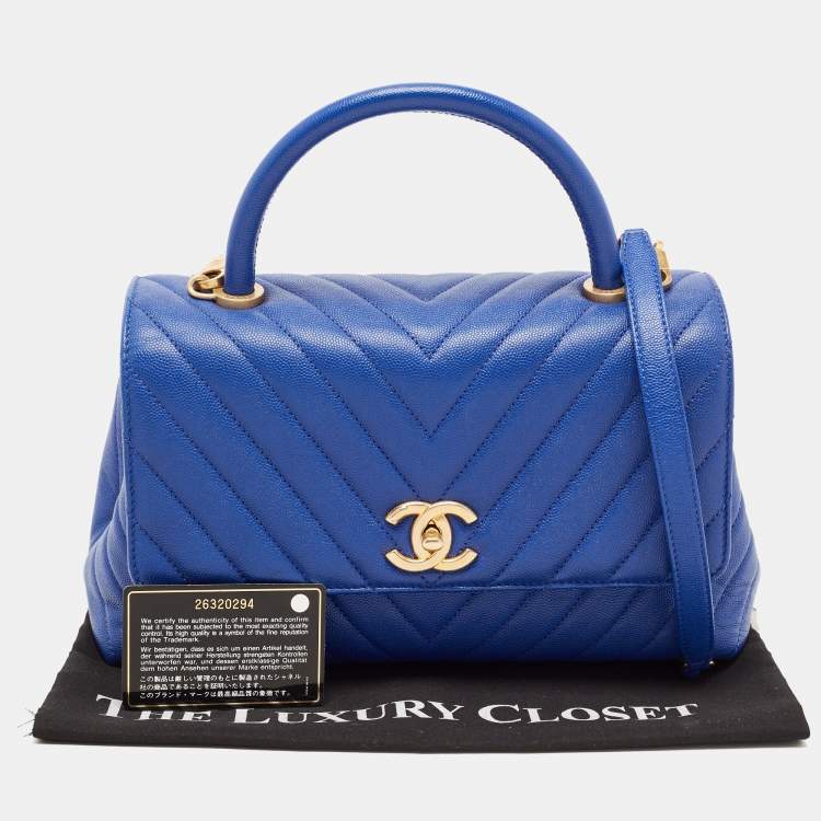Pre Owned Chanel Blue Caviar Leather Medium Coco Top Handle Bag