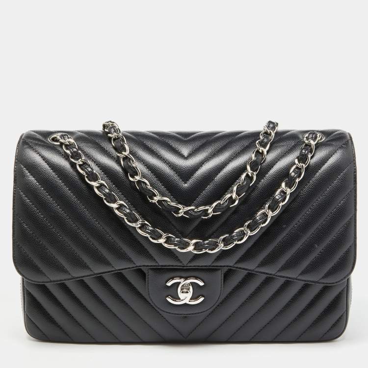 Chanel Classic Double Flap Quilted Caviar Silver-tone Jumbo Black