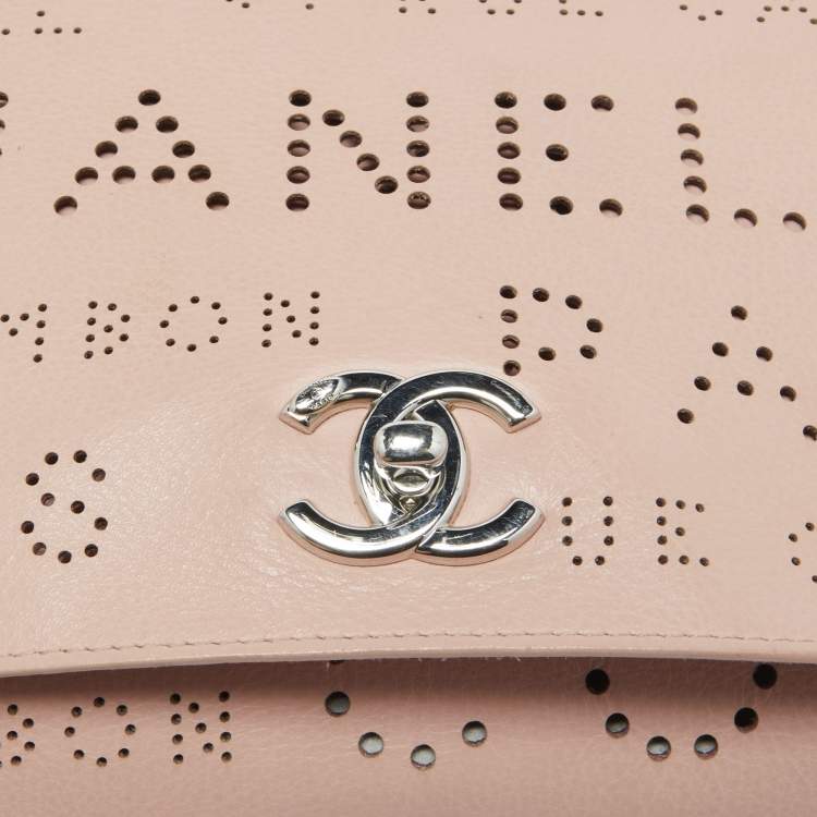 Pre Owned Chanel Light Pink Leather Perforated Logo Flap Bag