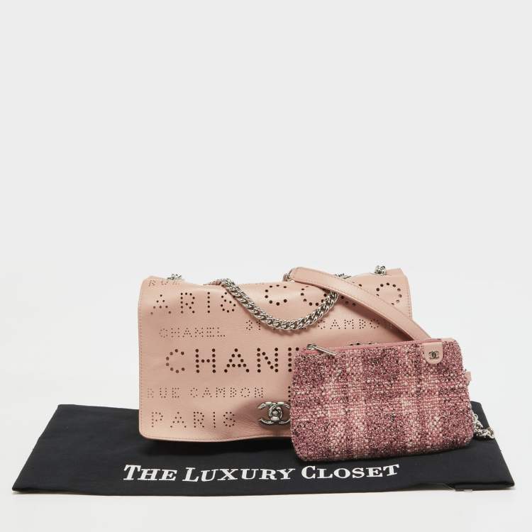Pre Owned Chanel Light Pink Leather Perforated Logo Flap Bag