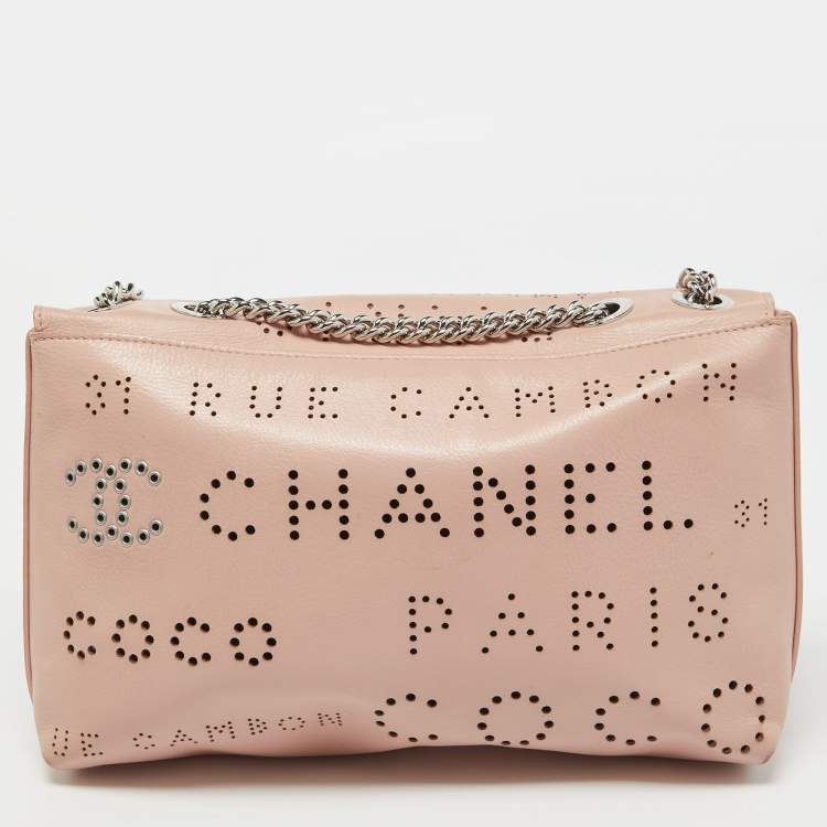 Pre Owned Chanel Light Pink Leather Perforated Logo Flap Bag