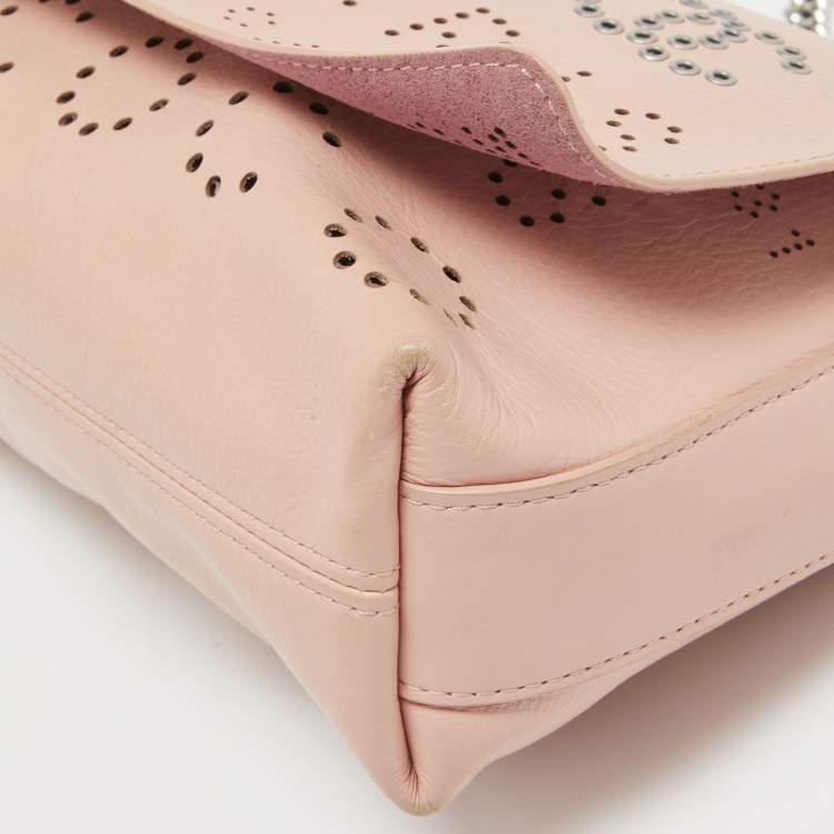 Pre Owned Chanel Light Pink Leather Perforated Logo Flap Bag