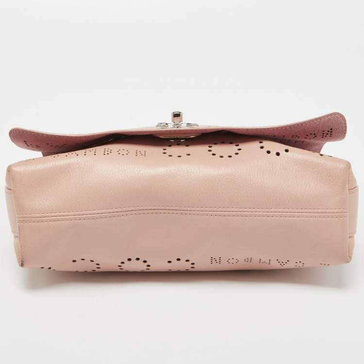 Pre Owned Chanel Light Pink Leather Perforated Logo Flap Bag