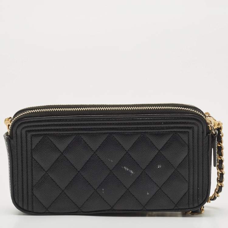 Pre Owned Chanel Black Quilted Leather Boy Zip Around Wallet On Chain