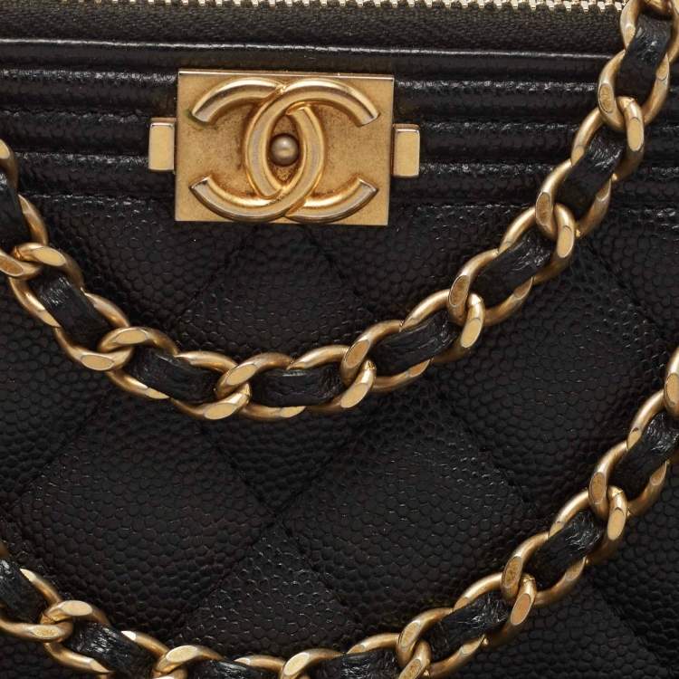 Pre Owned Chanel Black Quilted Leather Boy Zip Around Wallet On Chain