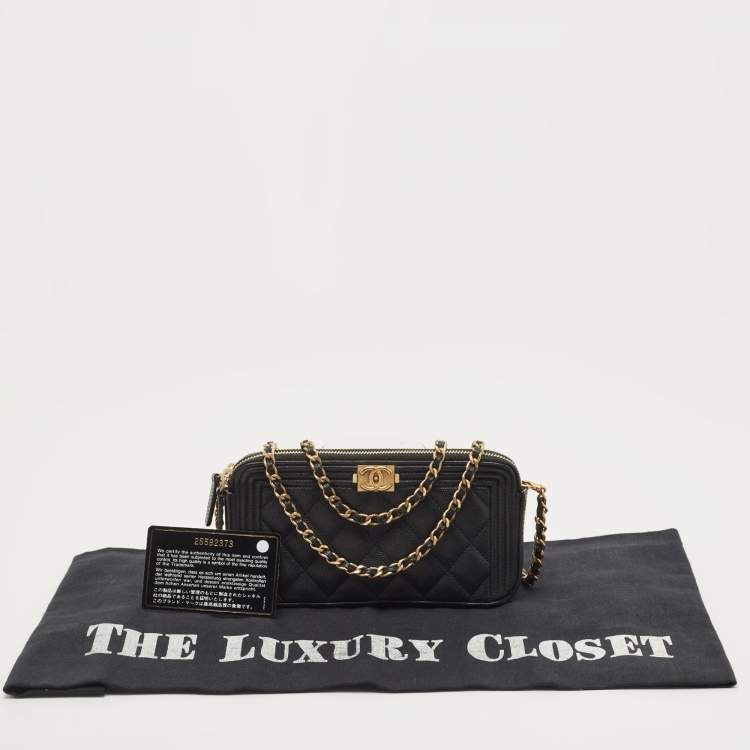 Pre Owned Chanel Black Quilted Leather Boy Zip Around Wallet On Chain