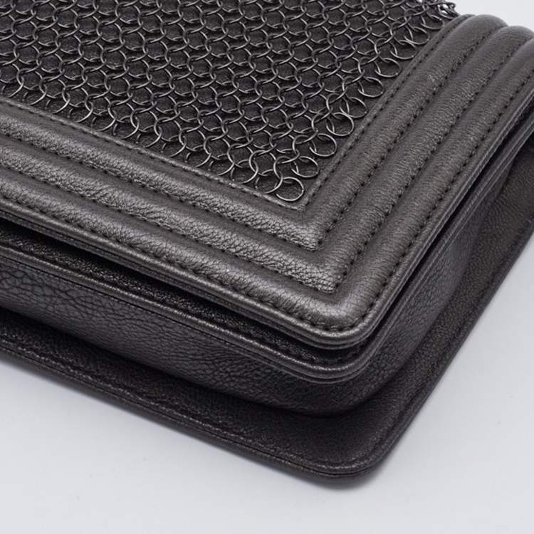 Pre Owned Chanel Metallic Grey Chainmail Leather Boy Clutch
