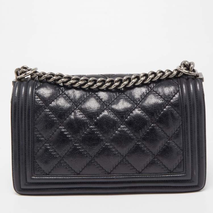 Pre Owned Chanel Navy Blue Quilted Wild Stitched Leather Medium Boy Bag