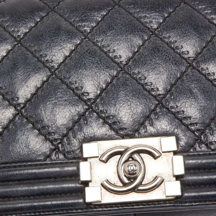 Pre Owned Chanel Navy Blue Quilted Wild Stitched Leather Medium Boy Bag
