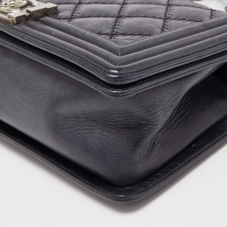 Pre Owned Chanel Navy Blue Quilted Wild Stitched Leather Medium Boy Bag