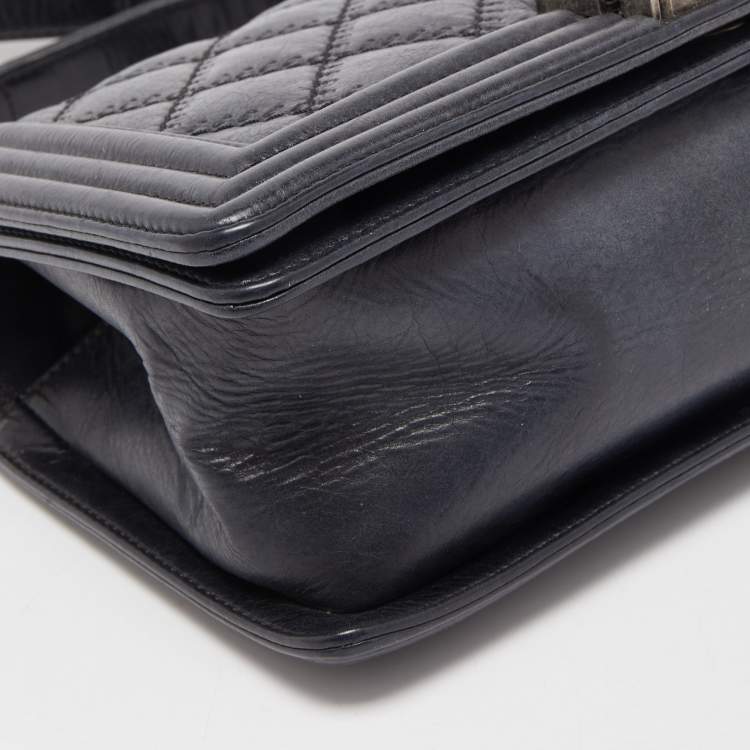Pre Owned Chanel Navy Blue Quilted Wild Stitched Leather Medium Boy Bag