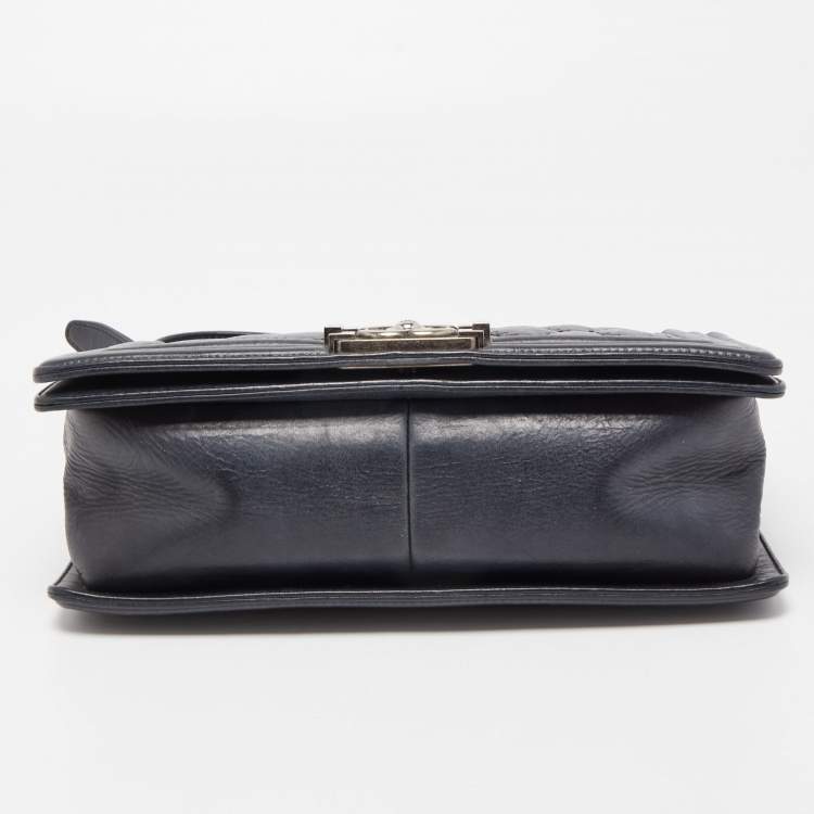 Pre Owned Chanel Navy Blue Quilted Wild Stitched Leather Medium Boy Bag