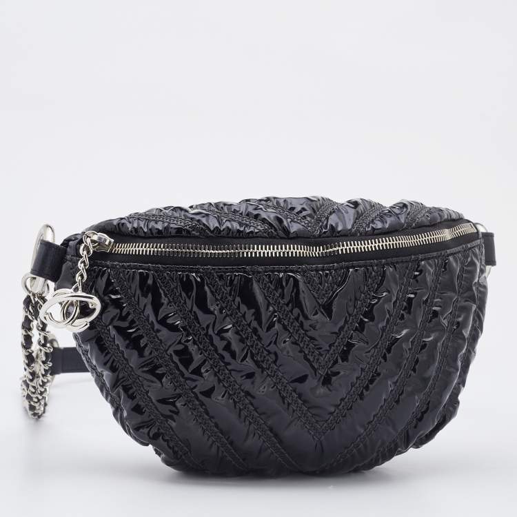 Pre Owned Chanel Black Chevron Patent and Leather Space Belt Bag
