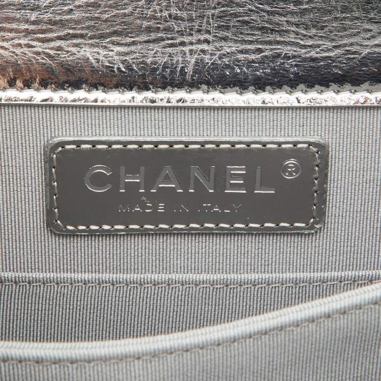 Pre Owned Chanel Silver Quilted Leather North South Boy Flap Bag
