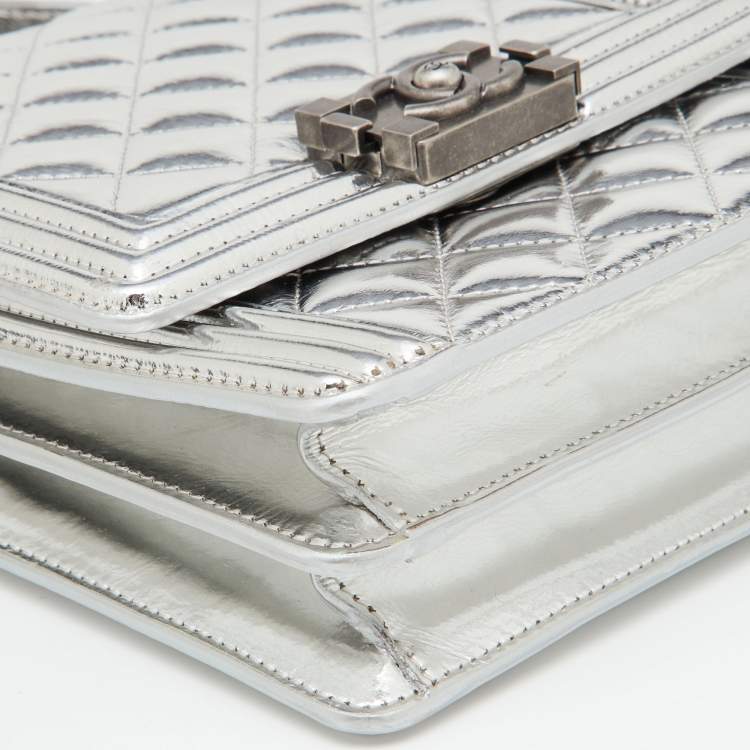 Pre Owned Chanel Silver Quilted Leather North South Boy Flap Bag
