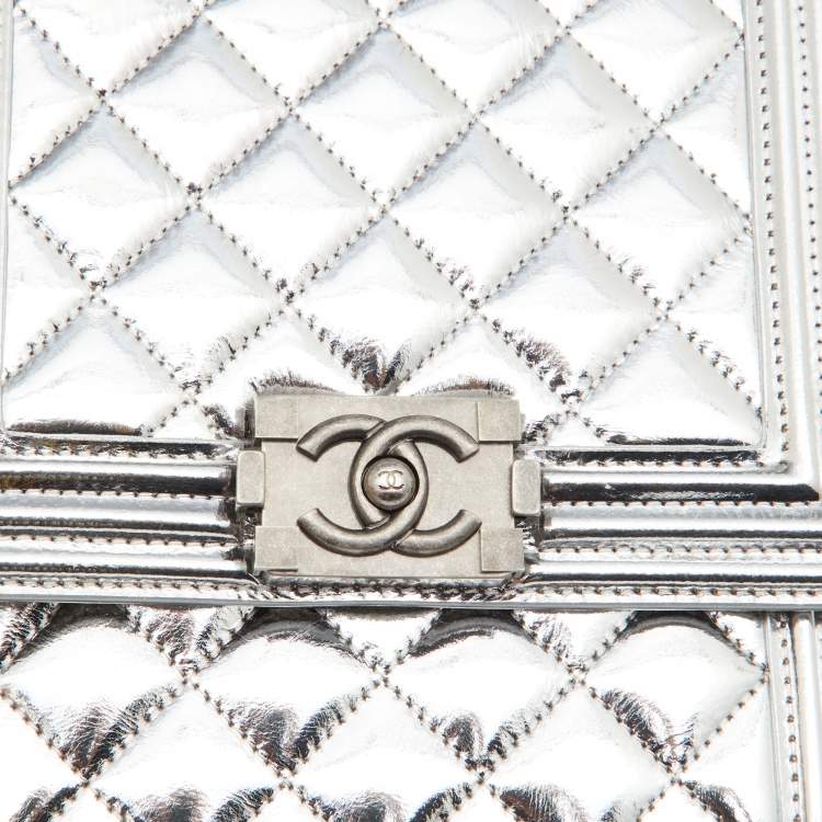 Pre Owned Chanel Silver Quilted Leather North South Boy Flap Bag