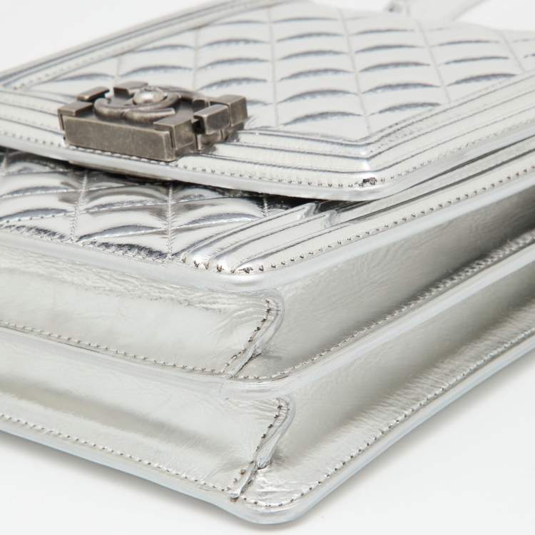Pre Owned Chanel Silver Quilted Leather North South Boy Flap Bag