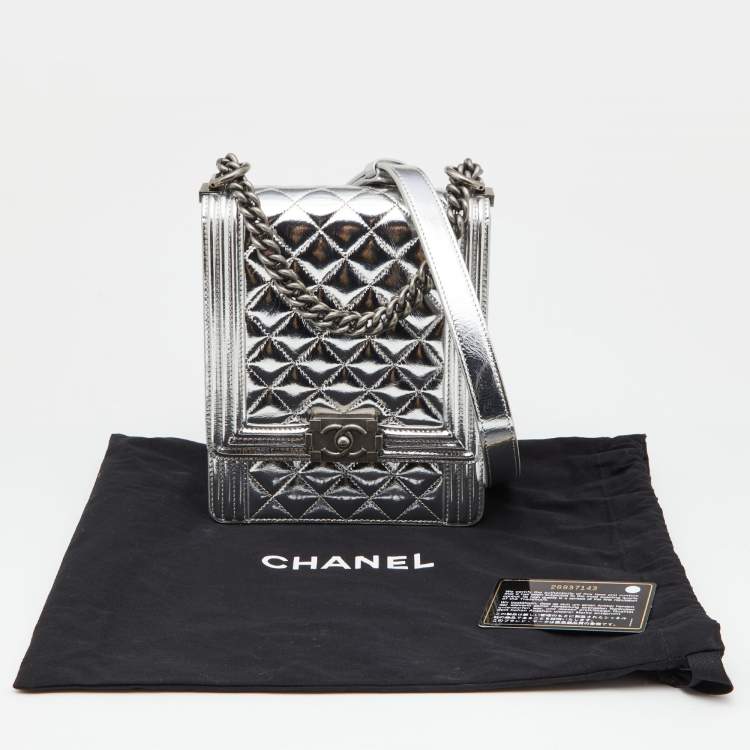 Pre Owned Chanel Silver Quilted Leather North South Boy Flap Bag